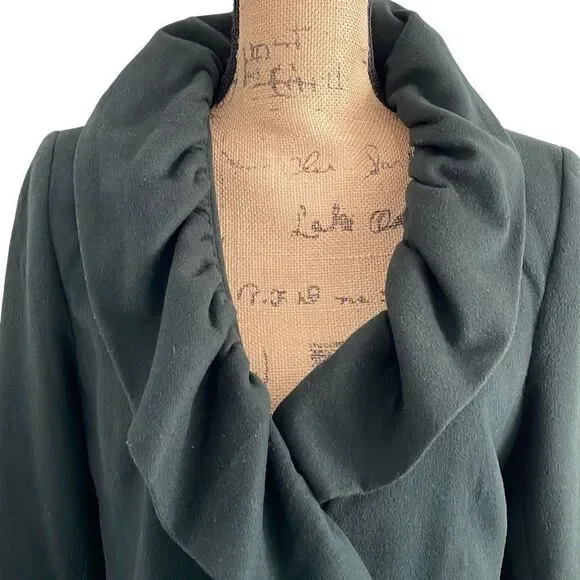 EUC Milly of New York Forest Green Wool Blend Ruffle Collar Trim Coat - Size 10 - Picture 5 of 11